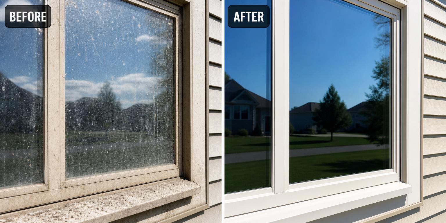 Before and after photo of a residential window cleaned by WindowJet